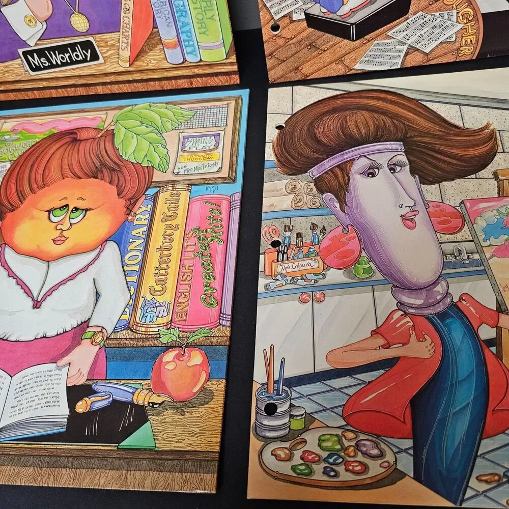 Set of 4 Funny Class Folder Caricatures Vtg Class Comedy Mrs. World School